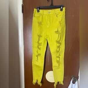 Yellow Distressed Ankle Jeans